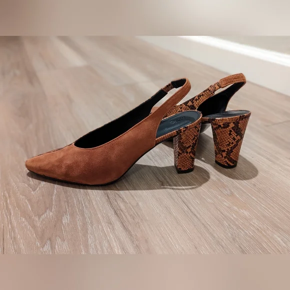 Mango Faux Snakeskin Suede Slingback Heels Size US 9.5 Cognac - Picture 13 of 15